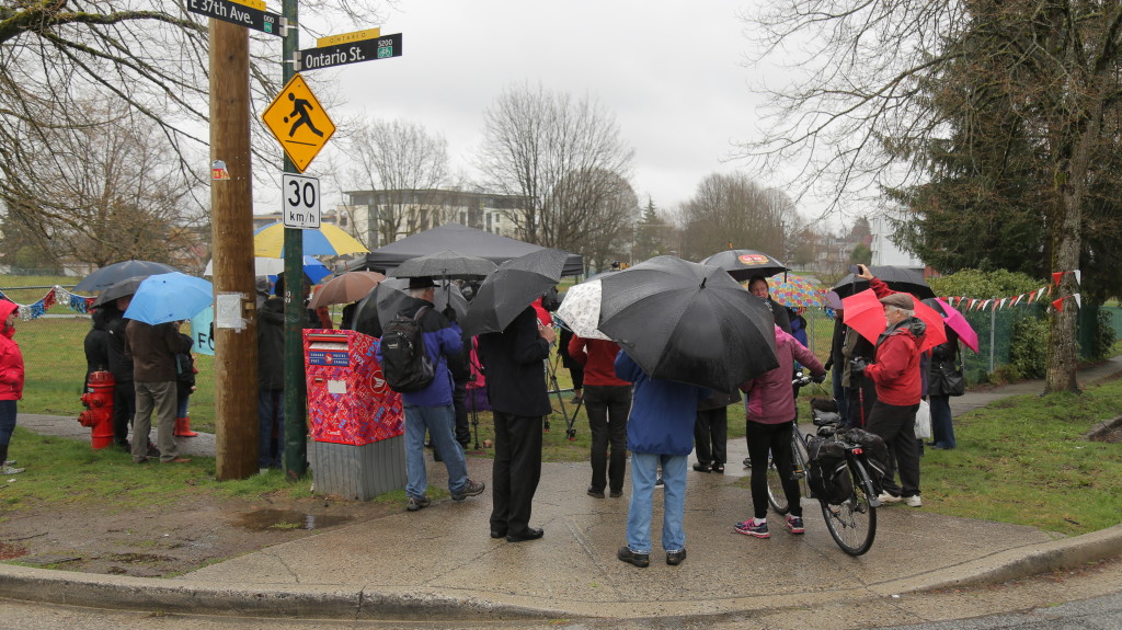 It's wet out during ceremony at Little Mountain for the Rich Coleman Vacant Lot